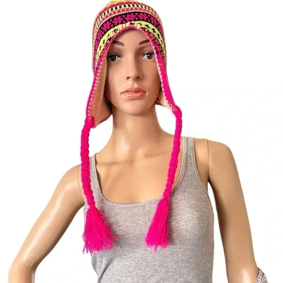 NWOT Full Coverage Beanie Flourescent Pink,Orange,Yellow and Black with Pom Pon - Picture 3 of 5